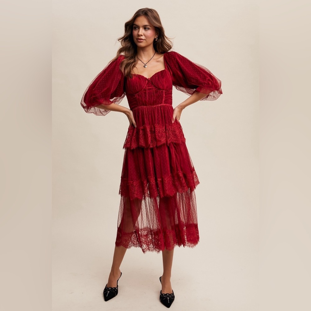 Tiered Lace and Velvet Bustier Midi Dress with Puff Sleeves - Listicle